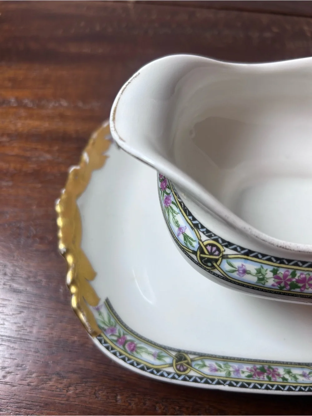 Rare J POUTAT LIMOGE White Porcelain Gravy Boat with Pink Floral Band